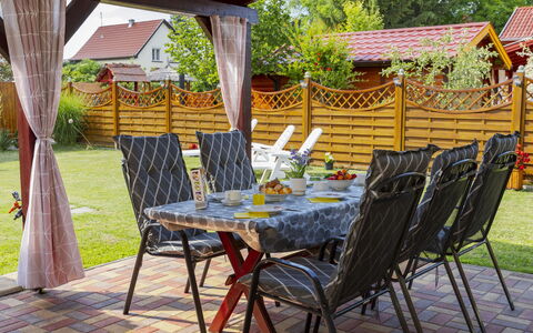 Hibiscus: Furniture, Outdoor Furniture, Outdoor Table, Chair, Garden, Backyard, Shade, Patio, Wood Stain, Lawn