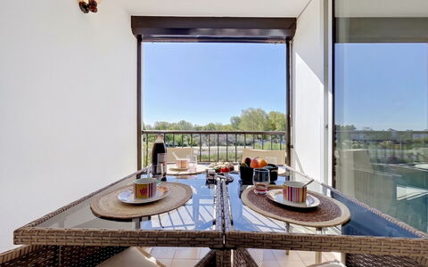 Le Grau du Roi 135: Kitchen & Dining Room Table, Ceiling, Hardwood, Chair, Wood Stain, Balcony, Design, Dining Room, Wood Flooring, Aluminium