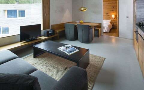 Comfort Alpine: Property, Window, Wood, Living Room, Interior Design, Lighting, Building, Television, Flooring, Couch