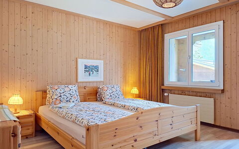 Chalet Almis 5: Interior Design, Furniture, Wood, Bed, Flooring, Bedroom, Floor, Ceiling, Room, Bedding