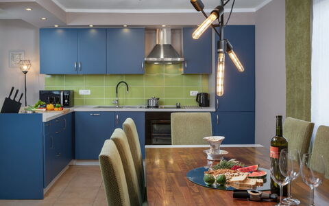 Villa Puntizela: Room, Countertop, Green, Furniture, Property, Interior Design, Kitchen, Building, Ceiling, Cabinetry