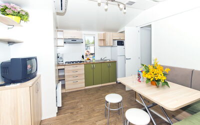 Zaton Holiday Resort 100.23: Room, Property, Furniture, Interior Design, Building, Yellow, Kitchen, House, Floor, Cabinetry