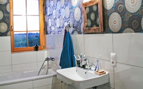 Dworczysko: Blue, Bathroom, Plumbing Fixture, Interior Design, Flooring, Tile, Tap, Plumbing, Floor, Bathroom Sink