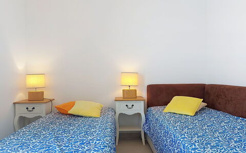 Six Fours la Coudoulière 220: Furniture, Interior Design, Bedroom, Floor, Bed, Bed Sheet, Flooring, Textile, Room, Bedding