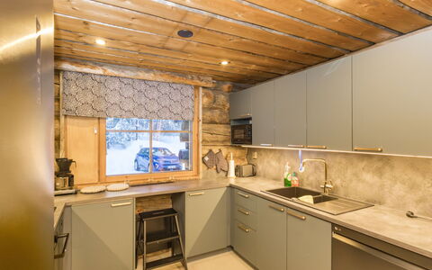 Rukasaukko: Kitchen, Countertop, Wood, Interior Design, Flooring, Ceiling, Light Fixture, Furniture, Floor, Cabinetry