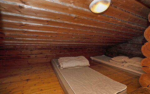 Rukasaukko: Wood, Bedroom, Floor, Bed, Ceiling, Bed Sheet, Flooring, Attic, Architecture, Interior Design
