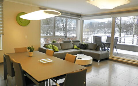 Les Terrasses du Lac: Interior Design, Room, Building, Property, Furniture, Ceiling, Table, Floor, Lighting, Living Room