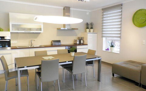 Les Terrasses du Lac: Room, Interior Design, Furniture, Property, Building, Floor, Dining Room, Table, Yellow, House