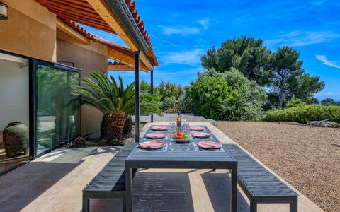 Kisokawa: Furniture, Outdoor Furniture, Garden, Outdoor Table, Shade, Landscaping, Chair, Patio, Backyard, Eco Hotel