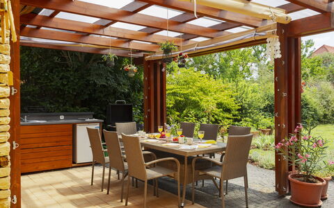 Villa Mediterran: Wood, Furniture, Outdoor Furniture, Outdoor Table, Garden, Wood Stain, Shade, Pergola, Patio, Beam