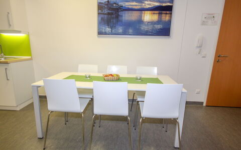 Techno-Park Villach: Table, Furniture, Building, Paint, Wood, Chair, Interior Design, Flooring, Rectangle, House