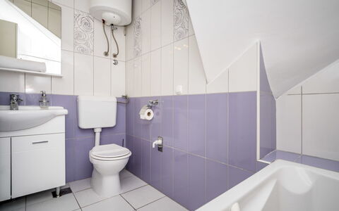 Brodarica Žaborić 104: Bathroom, Purple, Property, Room, Tile, Interior Design, Floor, Architecture, Violet, Tap