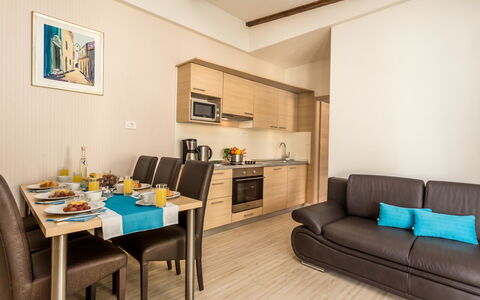 Rab Kampor 650: Room, Furniture, Property, Interior Design, Living Room, Building, Table, Floor, Real Estate, House