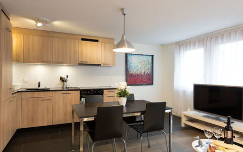 Bergfrieden Apt. 2: Room, Furniture, Interior Design, Floor, Property, Building, Dining Room, House, Table, Ceiling