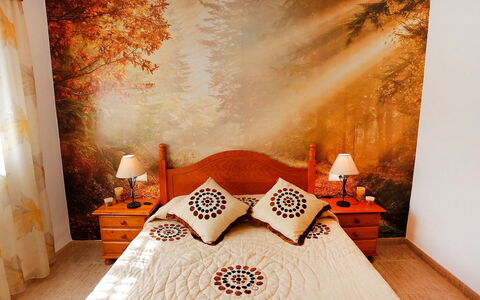 Vicky: Bedroom, Room, Orange, Property, Interior Design, Wall, Bed, Furniture, Wallpaper, Bed Sheet