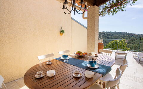 Le Belvédère: Table, Furniture, Property, Azure, Chair, Wood, Interior Design, Shade, Plant, Outdoor Furniture