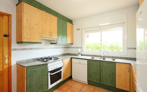 Villa Cala Nova B: Property, Room, Countertop, Cabinetry, Kitchen, Furniture, Building, Kitchen Stove, Interior Design, Sink