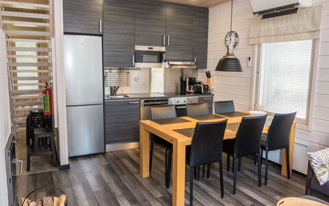 Villa Vuosseli C 2: Flooring, Furniture, Wood, Wood Flooring, Floor, Interior Design, Ceiling, Room, Kitchen, Countertop