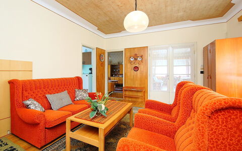 Peach: Room, Furniture, Property, Orange, Interior Design, Living Room, Building, Yellow, Ceiling, Table