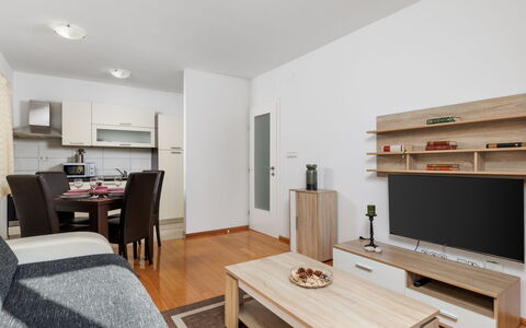 Novi Vinodolski 117: Furniture, Interior Design, Flooring, Wood, Floor, Room, Table, Television, Ceiling, Living Room