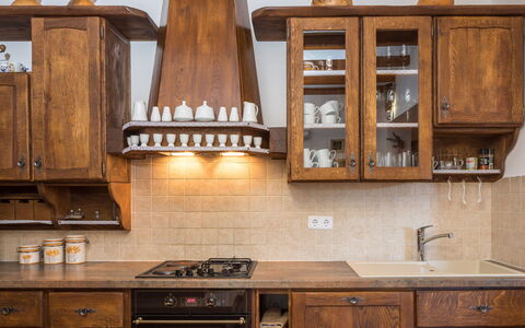 Villa Dalmatica Moderna: Cabinetry, Countertop, Kitchen, Furniture, Room, Property, Cupboard, Wood Stain, Tile, Interior Design
