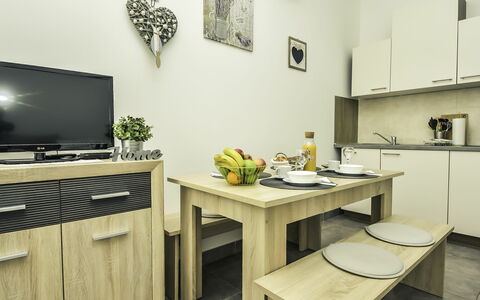 Karlobag 103: Furniture, Property, Table, Countertop, Cabinetry, Building, Kitchen, Picture Frame, Interior Design