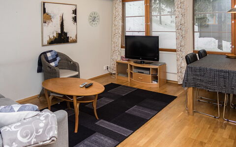 Karhunvartijan Linna B11: Flooring, Furniture, Floor, Interior Design, Wood, Ceiling, Wood Flooring, Apartment, Living Room, Room