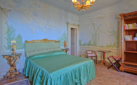 Villa Camaiore: Room, Bedroom, Furniture, Bed, Property, Interior Design, Bed Frame, Wall, Building, Turquoise