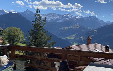 Chalet Weitblick: Sky, Mountain, Cloud, Wood, Highland, Tree, Landscape, Mountainous Landforms, Roof