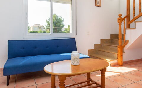 Villa Mimosa i: Furniture, Property, Couch, Table, Azure, Wood, Interior Design, Rectangle, Comfort, Living Room