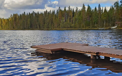 Mustalampi 2 Kurkiaura: Water, Wood, Dock, Bank, Lake, Larch, Reflection, Forest, Plank, Hardwood