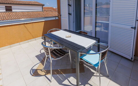Umag 119: Table, Window, Furniture, Building, Wood, Shade, Outdoor Furniture, Floor, Flooring, Door
