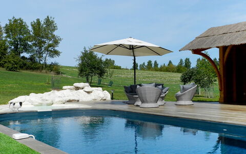 Moulin de Rabine: Swimming Pool, Property, Backyard, Shade, House, Leisure, Resort, Real Estate, Building, Landscaping