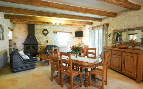 Moulin de Rabine: Room, Furniture, Property, Building, Interior Design, Beam, Table, Ceiling, House, Floor