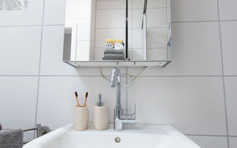 Butzel: Mirror, Tap, Sink, Property, Plumbing Fixture, Bathroom Sink, Bathroom, Interior Design, Floor
