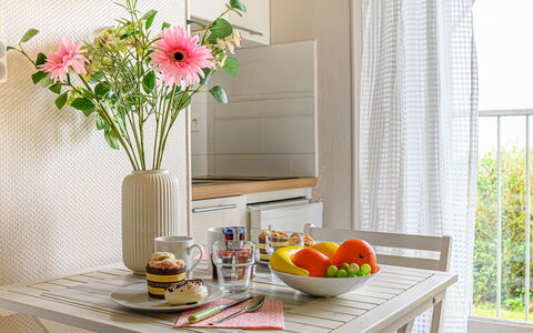 Quiberon 215: Flower, Table, Food, Furniture, Plant, Tableware, Dishware, Orange, Interior Design, Yellow