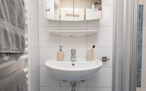 Fischerstube: Mirror, Sink, Tap, Plumbing Fixture, Bathroom Sink, Bathroom, Purple, Interior Design, Floor, Line