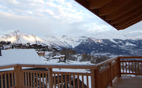 D'Arby: Cloud, Sky, Snow, Mountain, Porch, Wood, Fence, Building, House, Tree