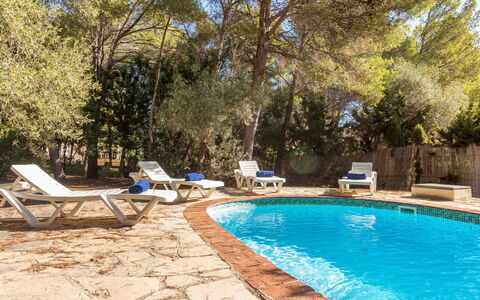 Villa Pinos: Blue, Swimming Pool, Outdoor Furniture, Shade, Resort, Landscaping, Eco Hotel, Chair, Hotel, Backyard