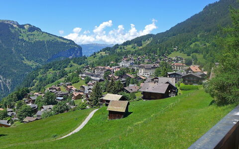 Tschingelhorn Apt. R: Sky, Mountain, Plant, Cloud, Green, Natural Landscape, Tree, Land Lot, House, Building