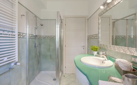 Jancaliva: Mirror, Tap, Plumbing Fixture, Sink, Shower Head, Property, Building, Green, Bathroom, Shower