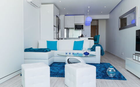 Dream View 50M from the Beach: Property, Couch, Furniture, Comfort, Picture Frame, Azure, House, Interior Design, Flooring, Television